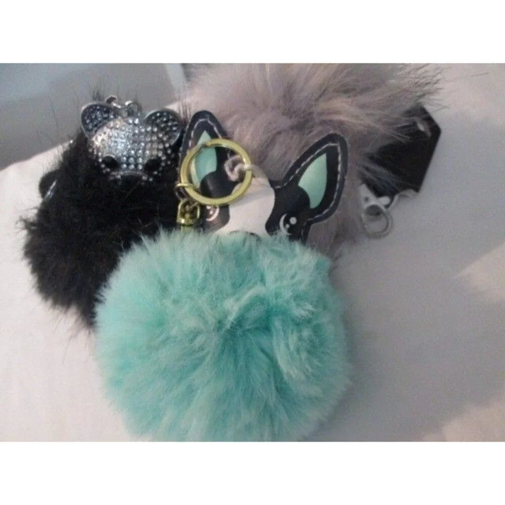 SET OF 3 PUFF BALL KEYCHAINS KEYRING RHINESTONE TEDDY BEAR, BULLDOG, GREY